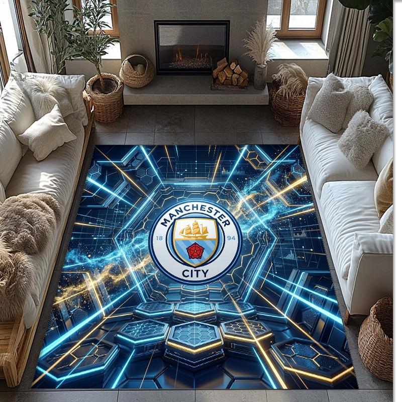 Manchester City Printed Flannel Area Rug Non Slip Soft Polyester Floor Carpet Indoor Decor Mat for Bedroom Living Room Sofa