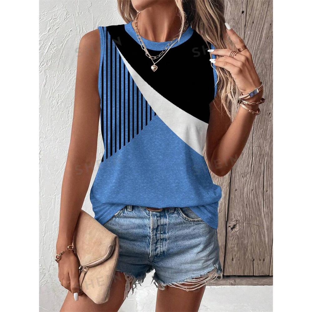Summer color splicing 3D printing women's fashionable O-neck vest