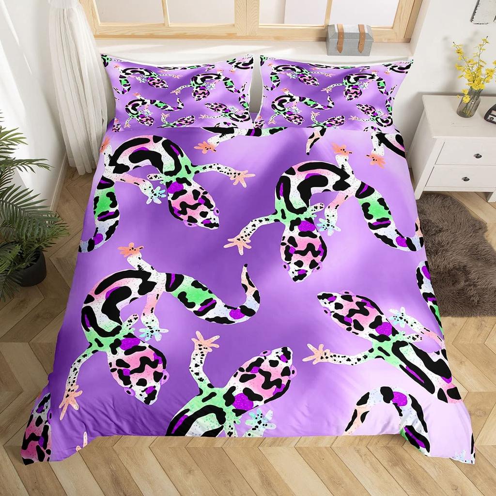 Lizard Warm Comforter Cover for Tens, Reptile Soft Duvet Cover Twin Sized Dimensions, Bohemian Paisley Batik Beding Set Exotic Animal Comfortable