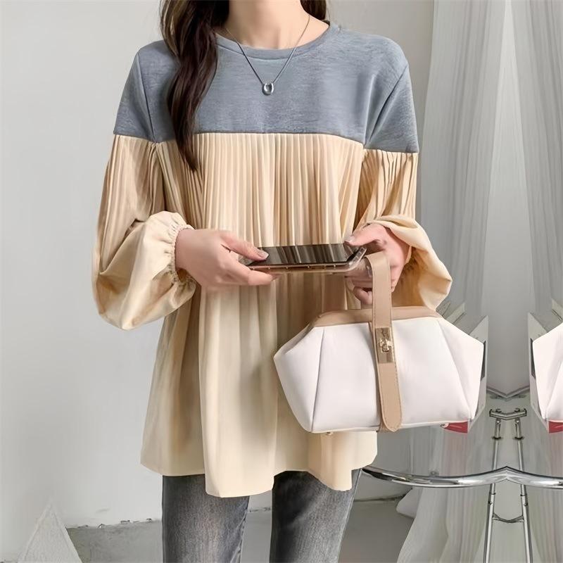 

Hot-selling New Japanese Style Spring Women s Lantern Sleeve Versatile Color-blocking Splicing Long-sleeved T-shirt onesize серый
