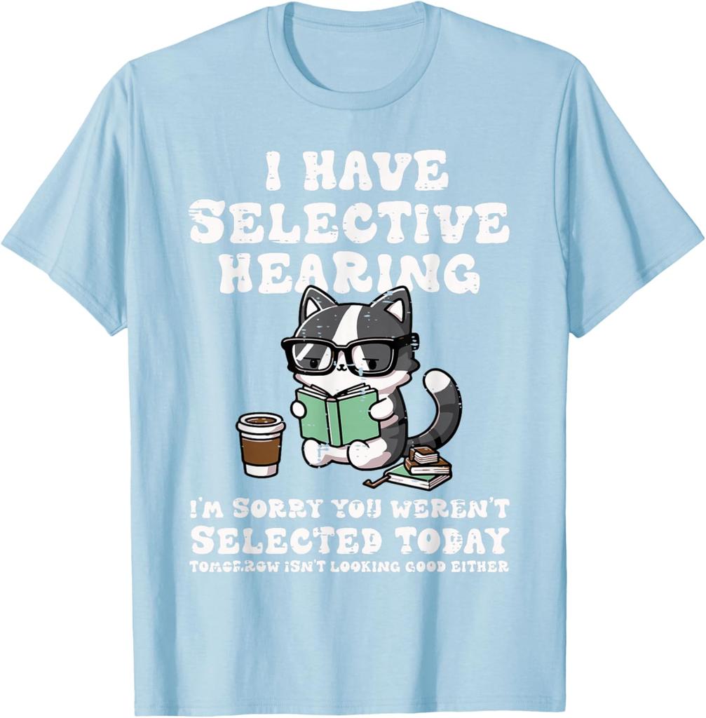 Funny Selective Hearing Cat Reading Graphic Tee Casual Cotton Short Sleeve TShirt for Men