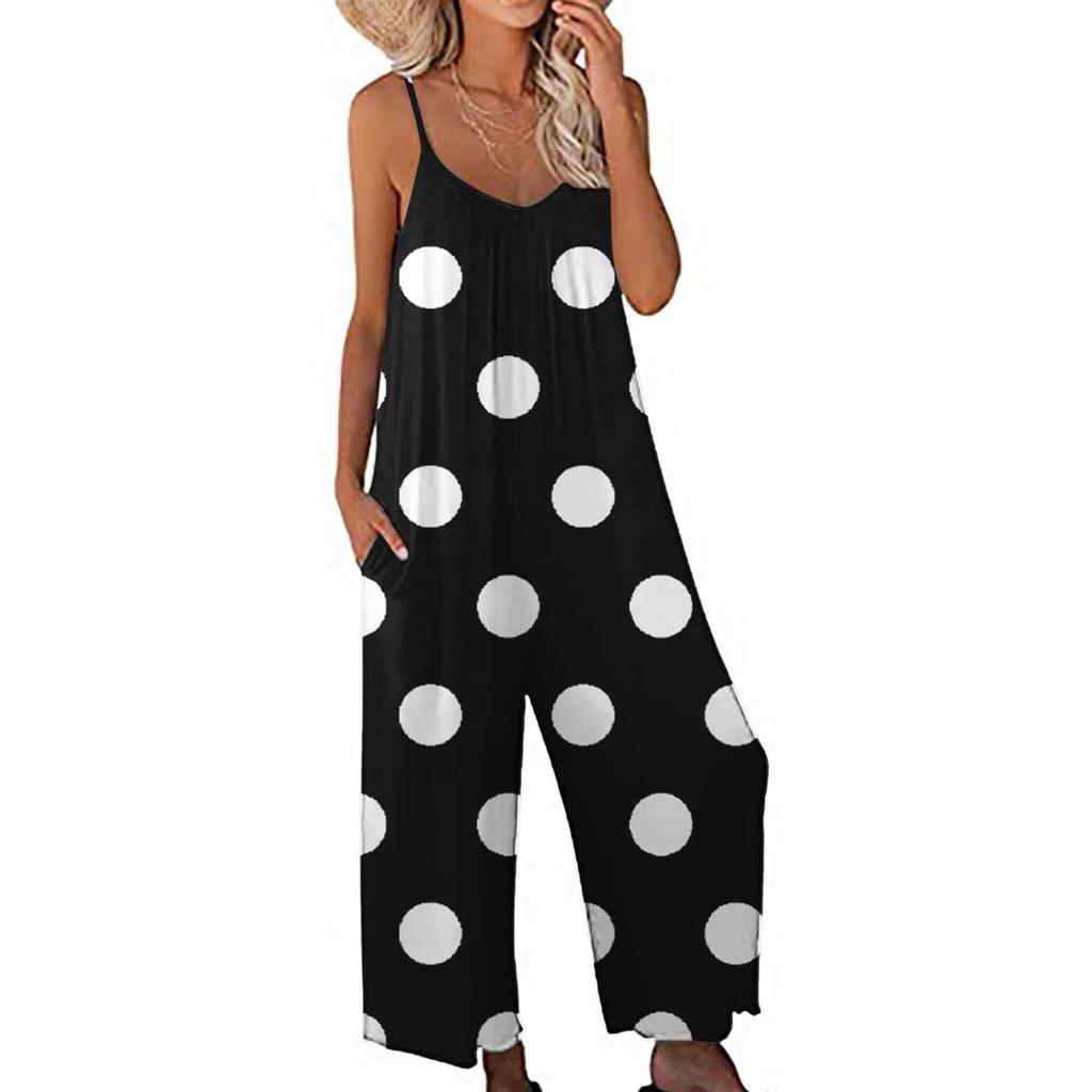 Women's Loose Sleeveless Jumpsuits Adjustable Spaghetti Strap Stretchy Long Pant Romper Jumpsuit With Pockets