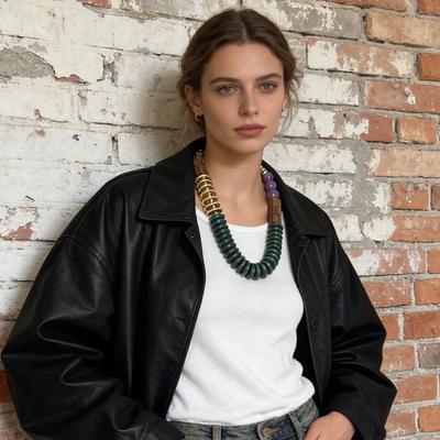 Exaggerated Casual Retro Literary Geometric Plastic Beaded CCB Wooden Square Splicing Necklace Women's Necklace