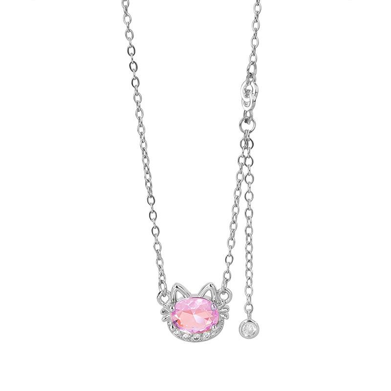Yi Xuan Lively Cat Zirconia Clavicle Necklace - Cute 3D Diamond Cat Design for Girls