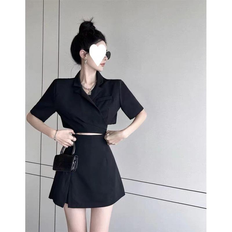 Suit for Women Summer Loose Short Blazer High Waist Slit Pants Skirt Two Piece Set