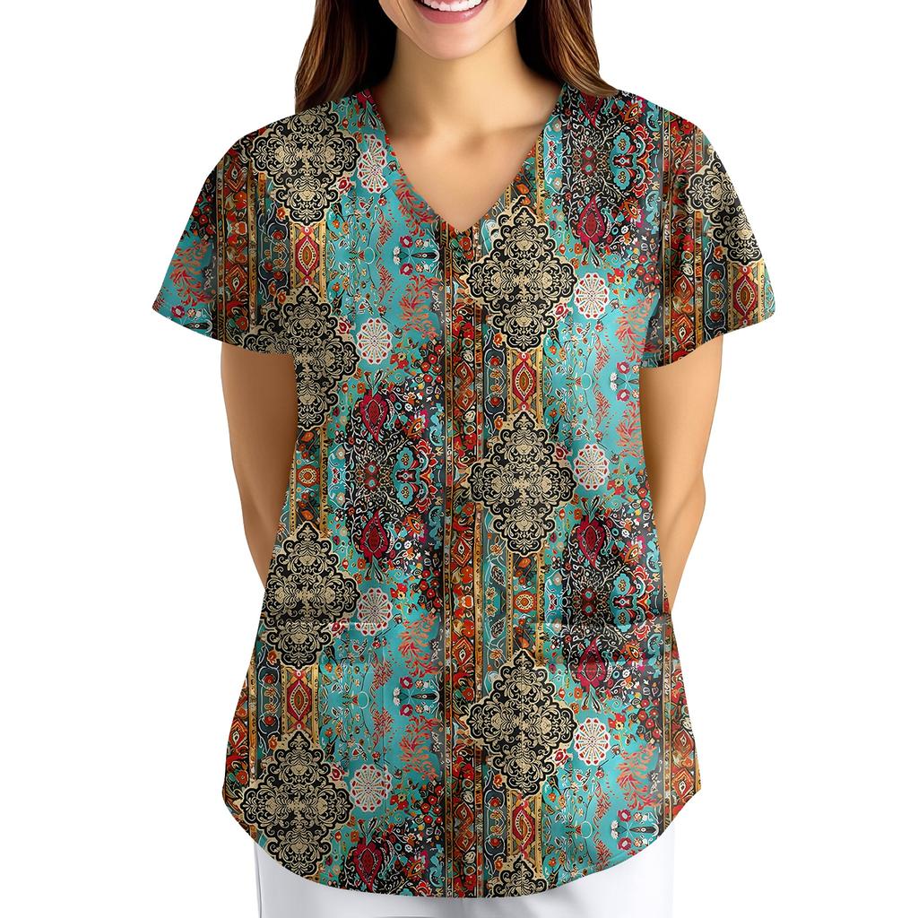 Nadměrná velikost Potištěný pracovní oděv Halenky pro dámský překřížený výstřih do V Potisk Krátký rukáv Zábavná trička Pracovní oděv Tričko s kapsami