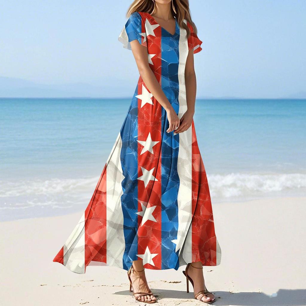 Women's Summer Casual Fashion Print Color Dresses V-Neck Short Sleeve Dresses