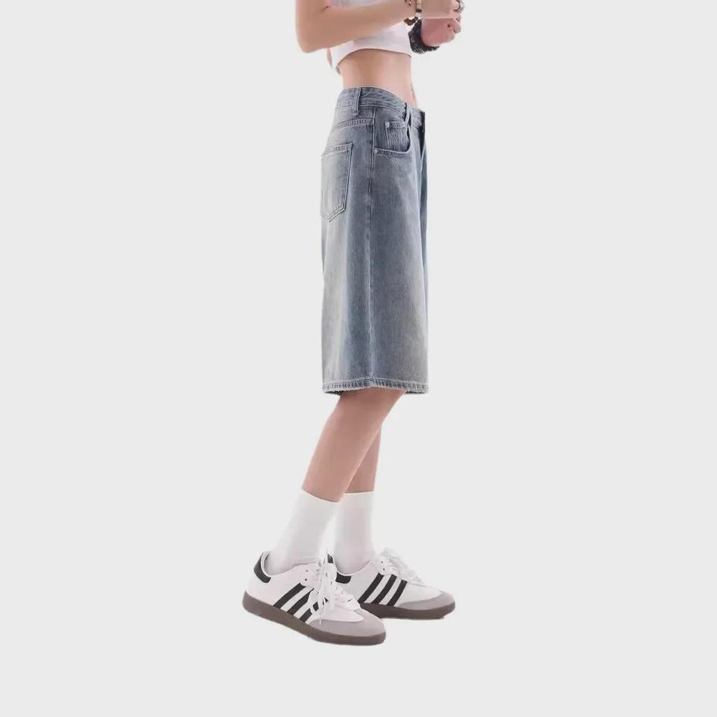 Women's Retro Gradient Wide-Leg Jeans - Loose Fit, Summer Casual, Five-Point Style
