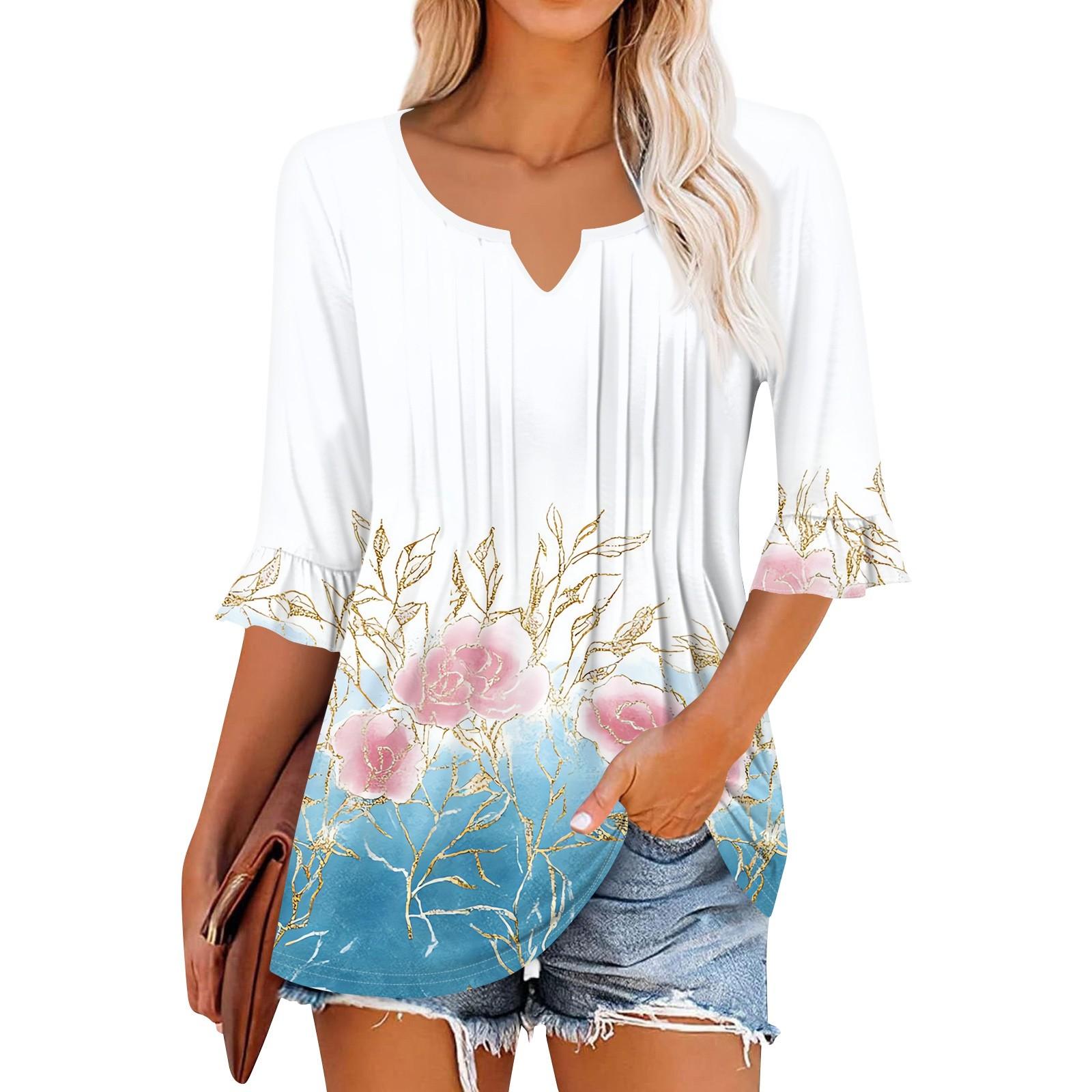 

Жіночі топи з рукавами 3/4, повсякденні футболки з рюшами та V-подібним вирізом, робочі блузки, нарядні туніки XL білий