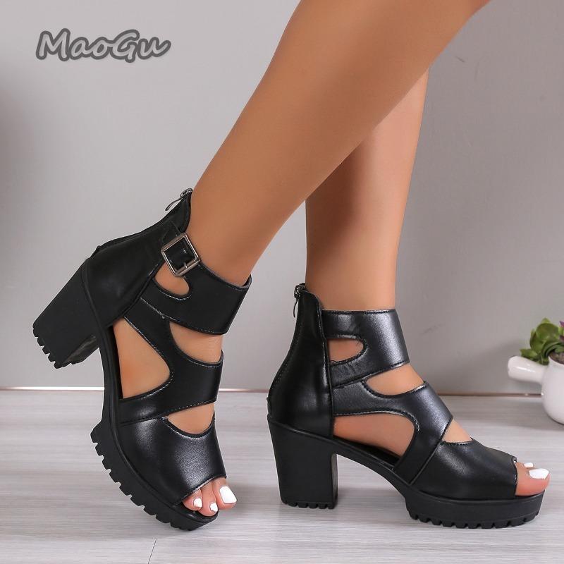 Fashion Women's 2025 High Heel Sandals Elegant Gladiator Black Square Buckle Thick Heel Fish Mouth Sandales Platform Sandalias De Mujer
