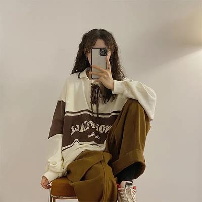 Bawełniana bluza w dużych rozmiarach Damska bluza Polo w stylu vintage z klapami Damska luźna, dorywczo wygodna koszulka z długim rękawem
