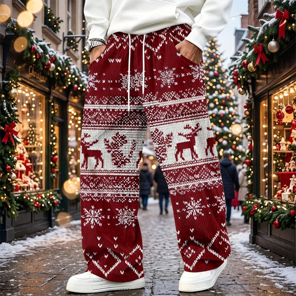 Pantaloni da uomo casual in velluto a coste, vestibilità larga, gamba dritta, con stampa natalizia e vita elasticizzata
