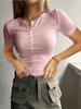 Women’s Short-sleeved Sweet and Fresh-looking Knitted Top with A Lace Collar Button Fastening and Ribbed Trim