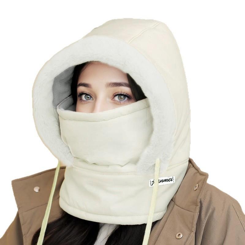 Warm, velvet, thickened, cold-proof mask, scarf, integrated hat for women's winter new Lei Feng hat, windproof cycling bag head hat