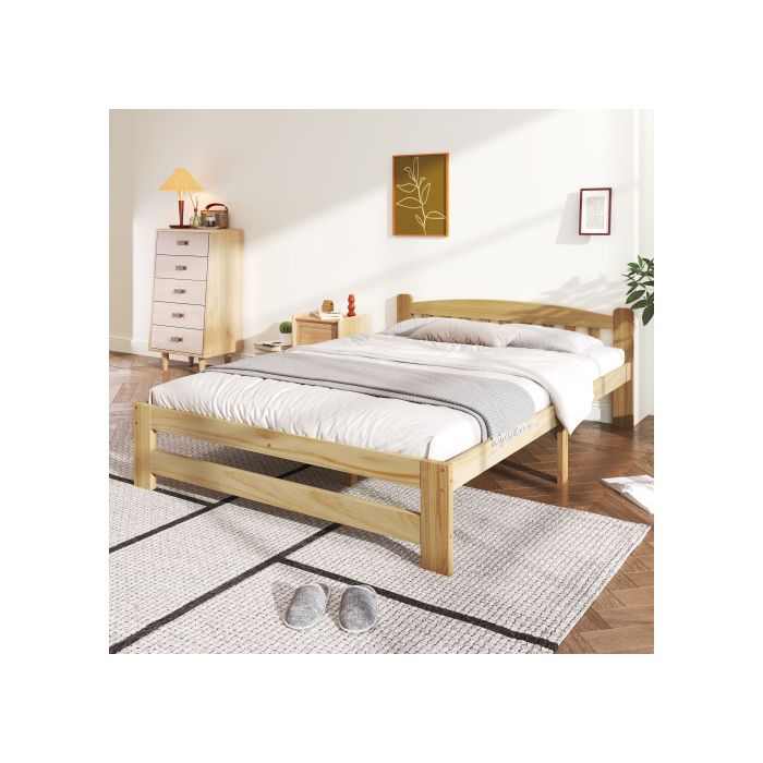 Lit double - MUVOE - Nature - 140x200 cm - Bois massif naturel - Élégance classique