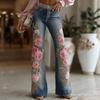 Women's Mid Waist Floral Embroidered Flare Leg Denim Jeans Casual Long Pants