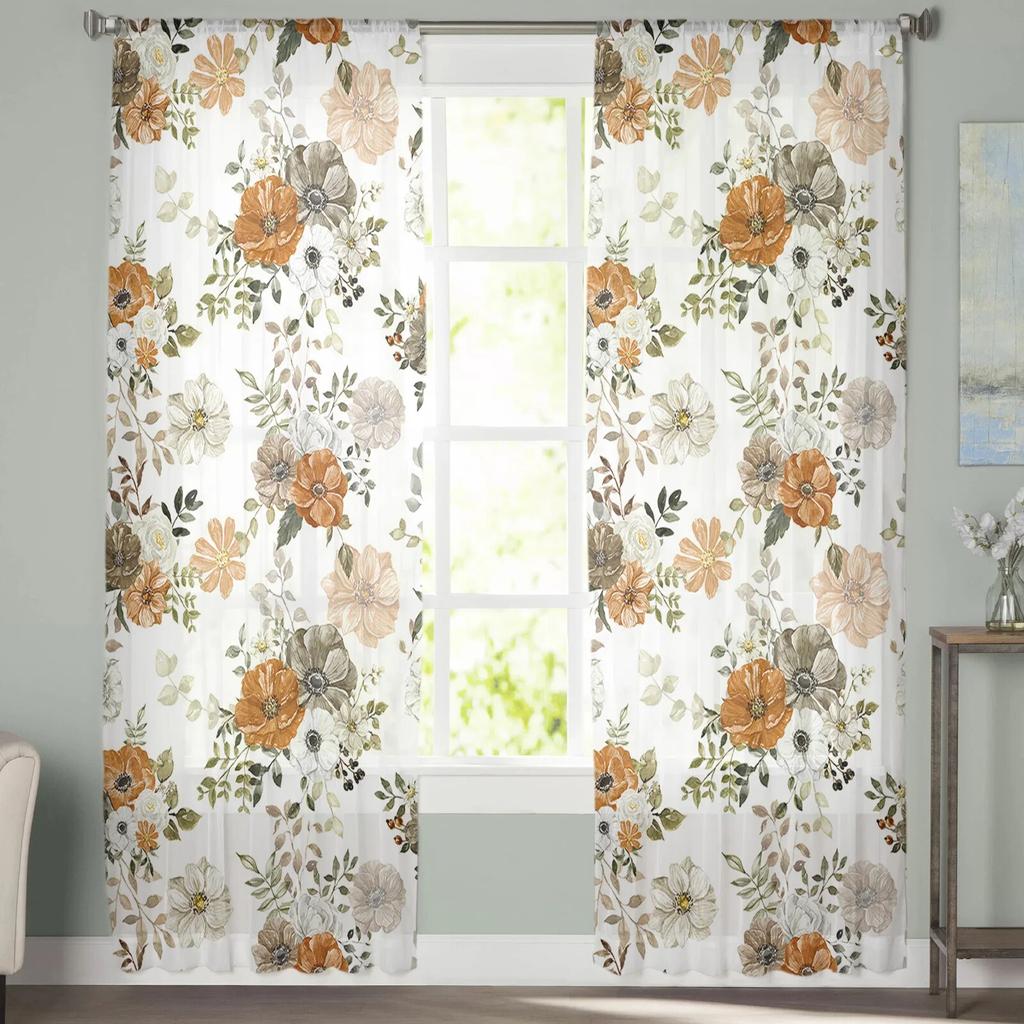 Autumn Flowers Eucalyptus Leaves White Pumpkin Voile Sheer Curtains Living Room Tulle Window Curtain Bedroom Drapes Home Decor