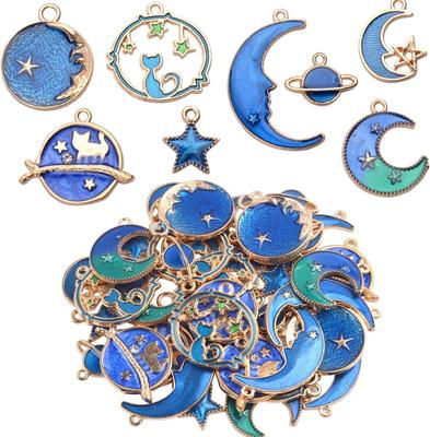 4/8/12pcs Gold-plated Enamel Pendant, Blue Enamel Moon Star Pendant Making Earrings Necklace DIY Accessories,