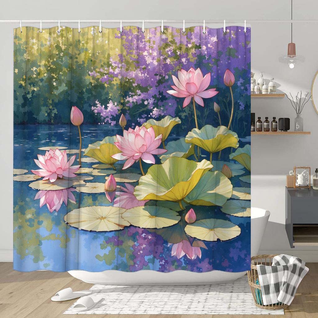 1pc Tranquil Garden Pond Shower Curtain - Pink & Purple Lotus, Impressionistic Design, Polyester, 70.8x70.8In, 12 Hooks