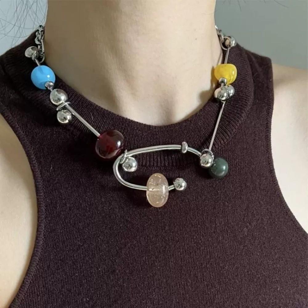 Punk Aesthetic Bead Chain Necklace Colorful Clavicle Chain Fashion Collarbone Necklace  Women