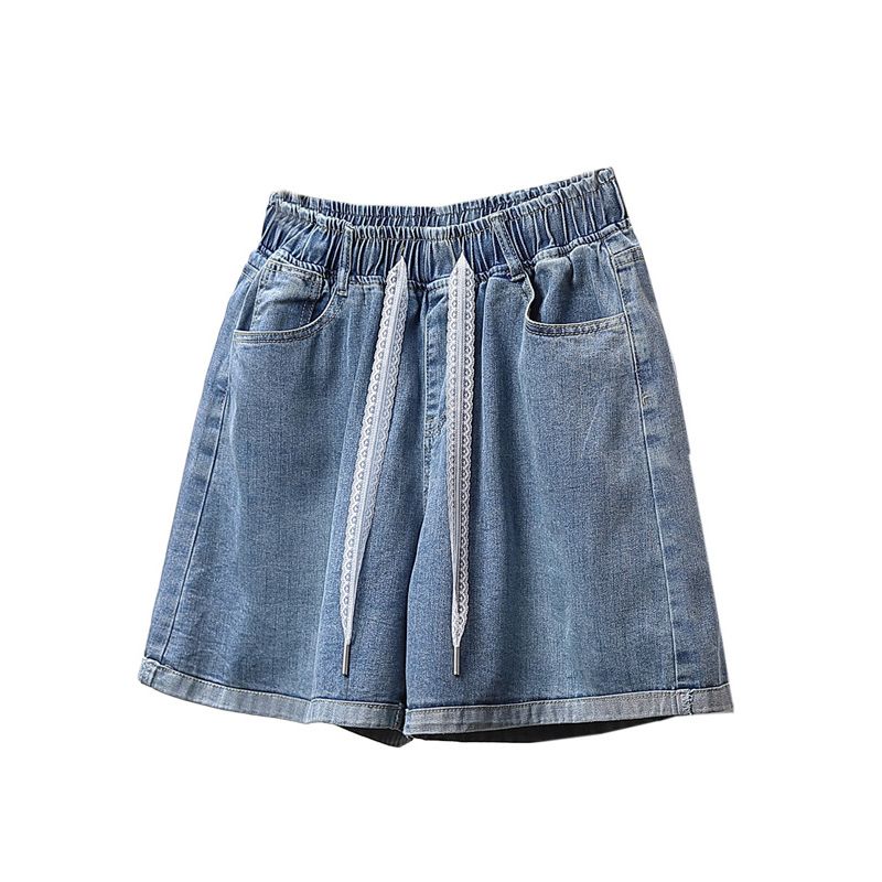 Summer New Plus Size Women's Clothing Lace Bandage Elastic High Waist Loose Thin Elastic Four Points Denim Shorts Hot Pants