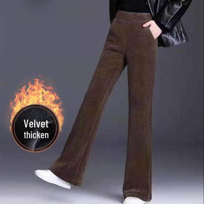 Dámské manšestrové kalhoty s vysokým pasem a širokými nohavicemi s fleecem - Pohodlné, volný střih pro podzim a zimu.