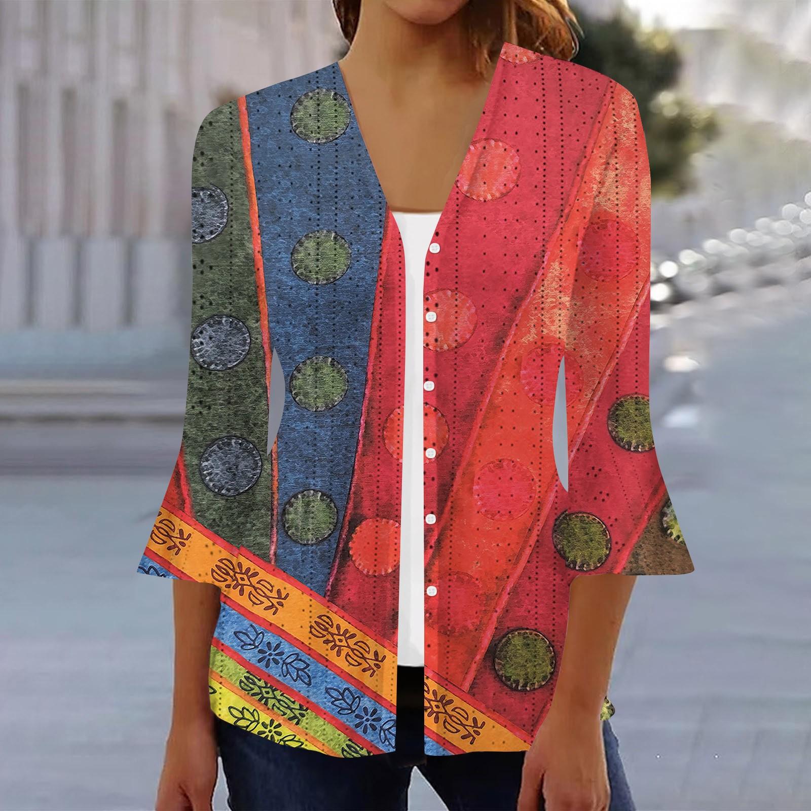 

Женская мода свободный повседневный принт с рукавом три четверти рубашка на пуговицах кардиган топ M красный