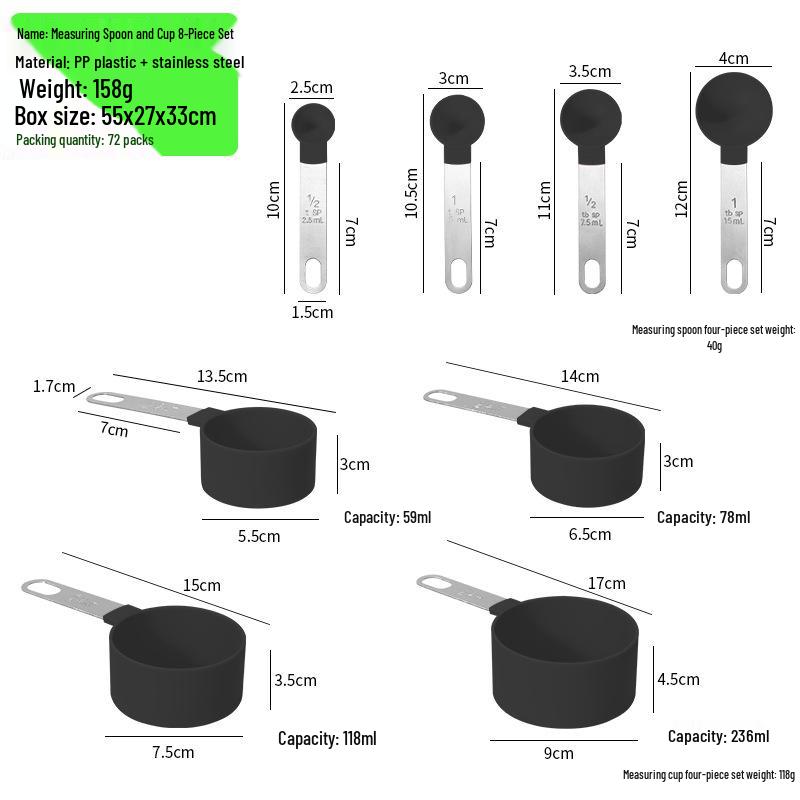 8-Piece Stainless Steel & Colored Plastic Measuring Spoon and Cup Set with Scale for Seasoning and Milk Powder