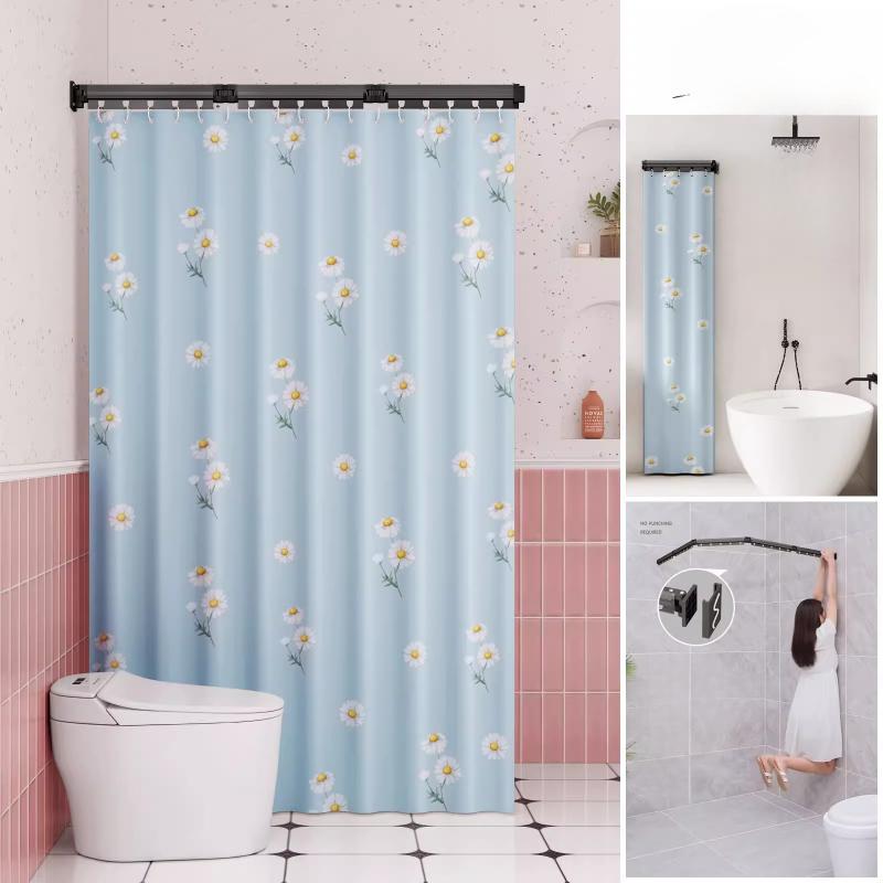 Foldable Shower Curtain Rod for Bathroom and Toilet, No Need To Drill Holes, Dry-wet Separation, C-shaped Waterproof Shower