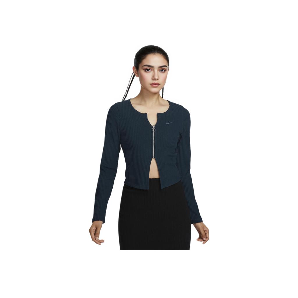 Nike Solid Color Comfortable Slim Fit Full Zip Ribbed Knit Sweater Women sweater Navy-Blue FN3683-478