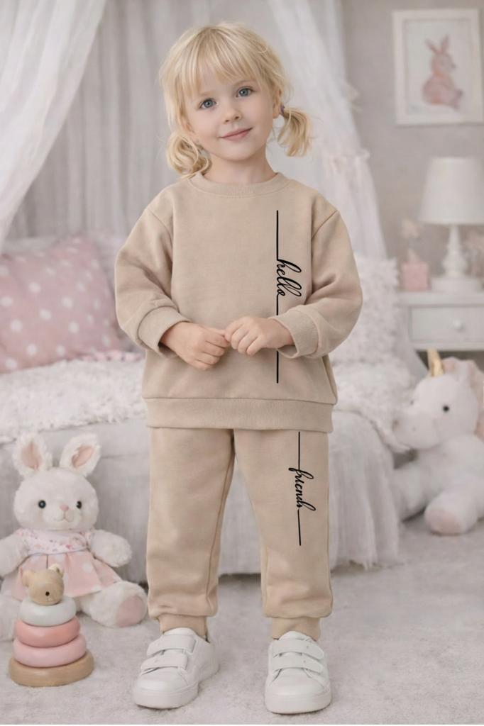 Children' Warm Tracksuit Set 116 Two-Piece With Print Beige