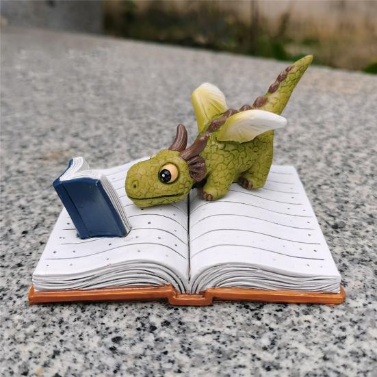 Mini Dragon Figurine Fantasy Dragon On Book Reading Statue for Fairy Garden Terrarium Bookshelf Desk Decor