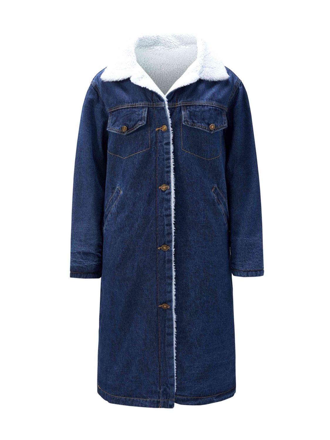 Winter verdickter langer Lammsamt-Denim-Trenchcoat. Winter-lange Trenchcoats für Frauen, einreihig gestaltete Denim-Mäntel XL blau