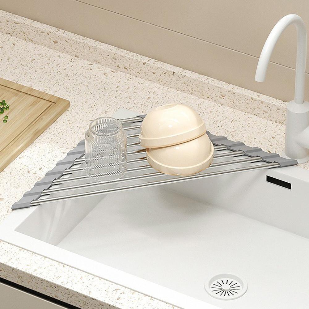 1pc Creative Simple Roll Up Triangle Dish Drying Rack Kitchen Sink Drainer Sink Corners Multi-Functional Organizer With Drainage