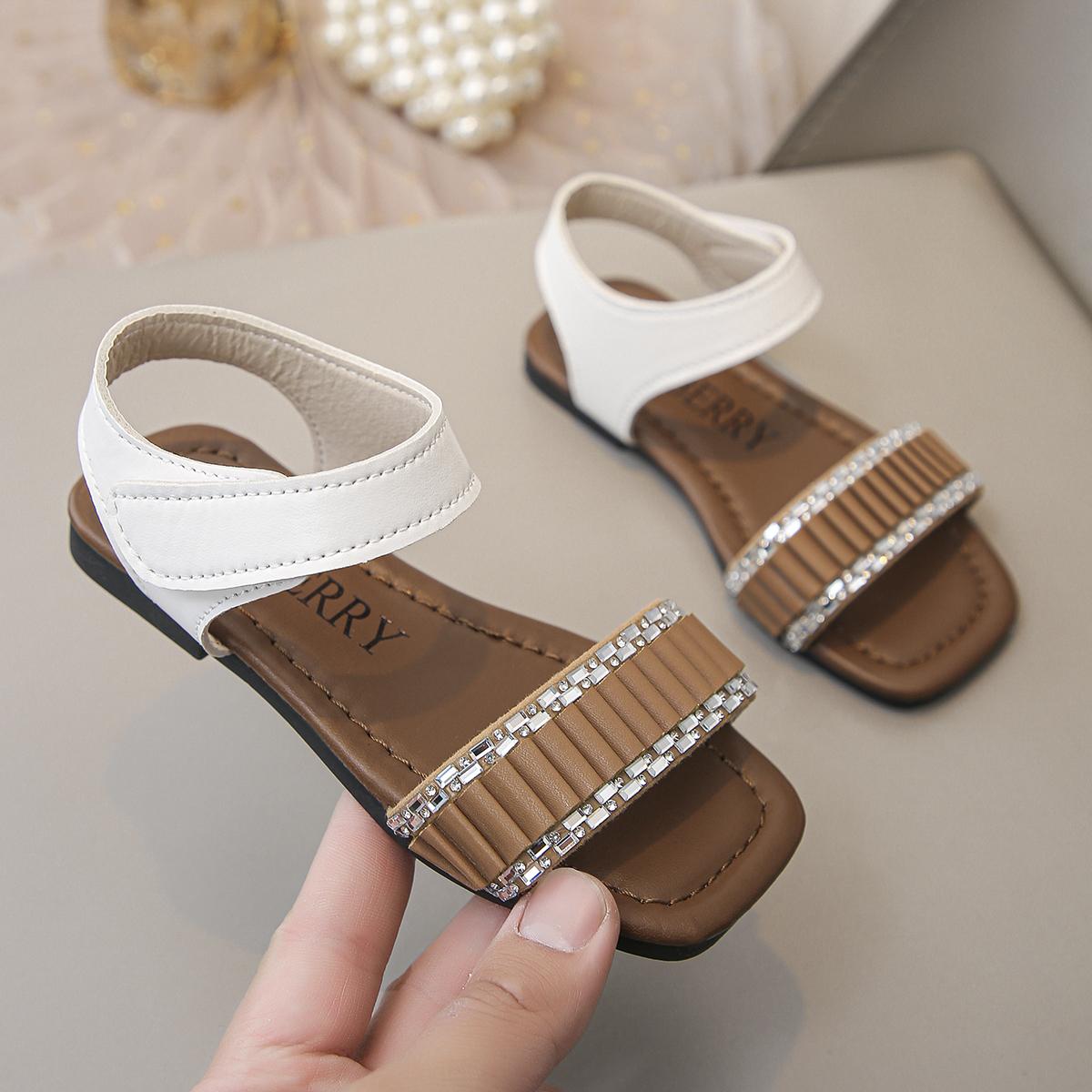 

Girls Beach Shoes Open Toes Pleated Trendy Kids Sandals Non-slip Soft Sole 2025 Summer New Children Princess Shoes Crystal Sweet 26 коричневый