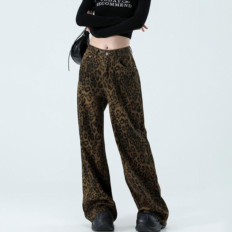 Womens High Waist Leopard Print Wide Leg Jeans Y2K Baggy Denim Trousers Streetwear