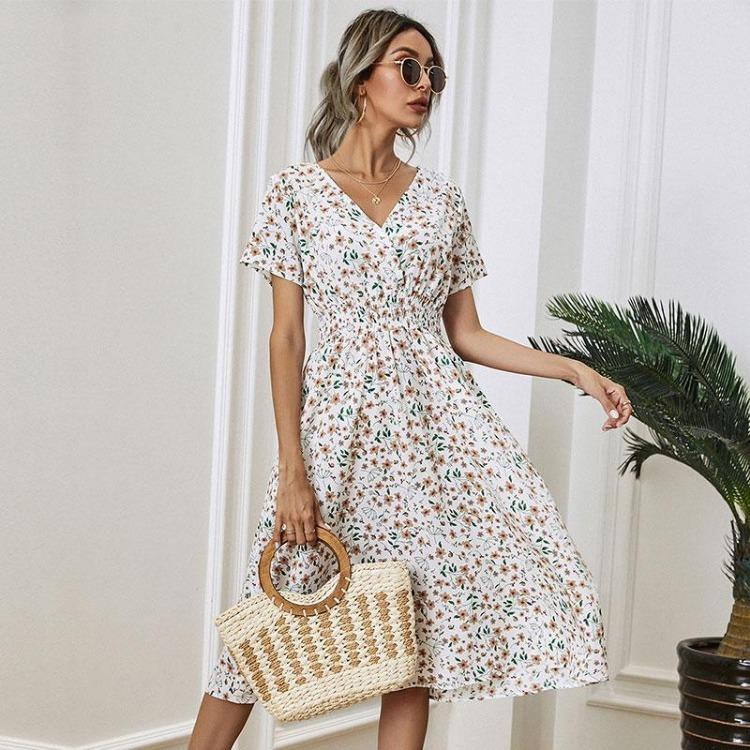 Women Summer Fall Casual Floral Print V-neck Short Sleeve High Waist Slim A-Line Long Dress S-XL