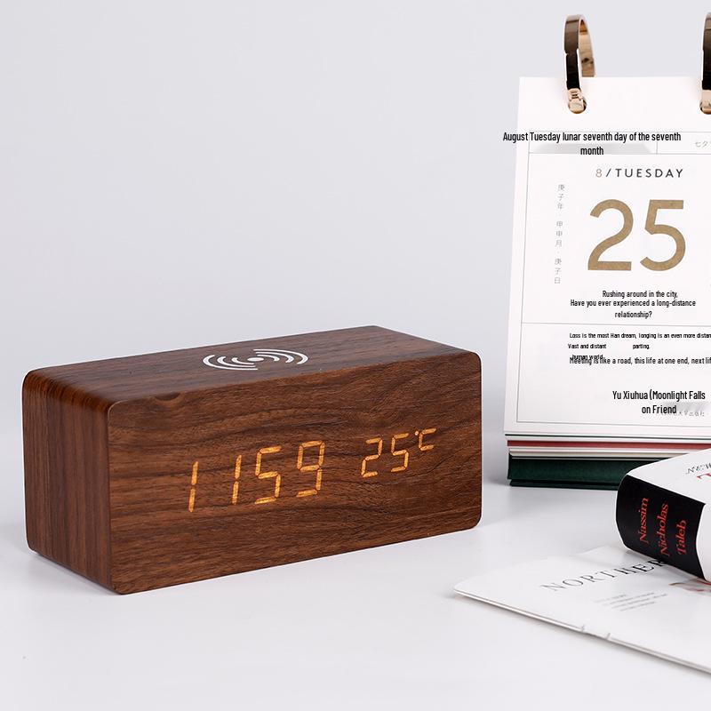 Wireless LED Wood Clock: Digital Alarm with Thermometer, Calendar & Charging Function
