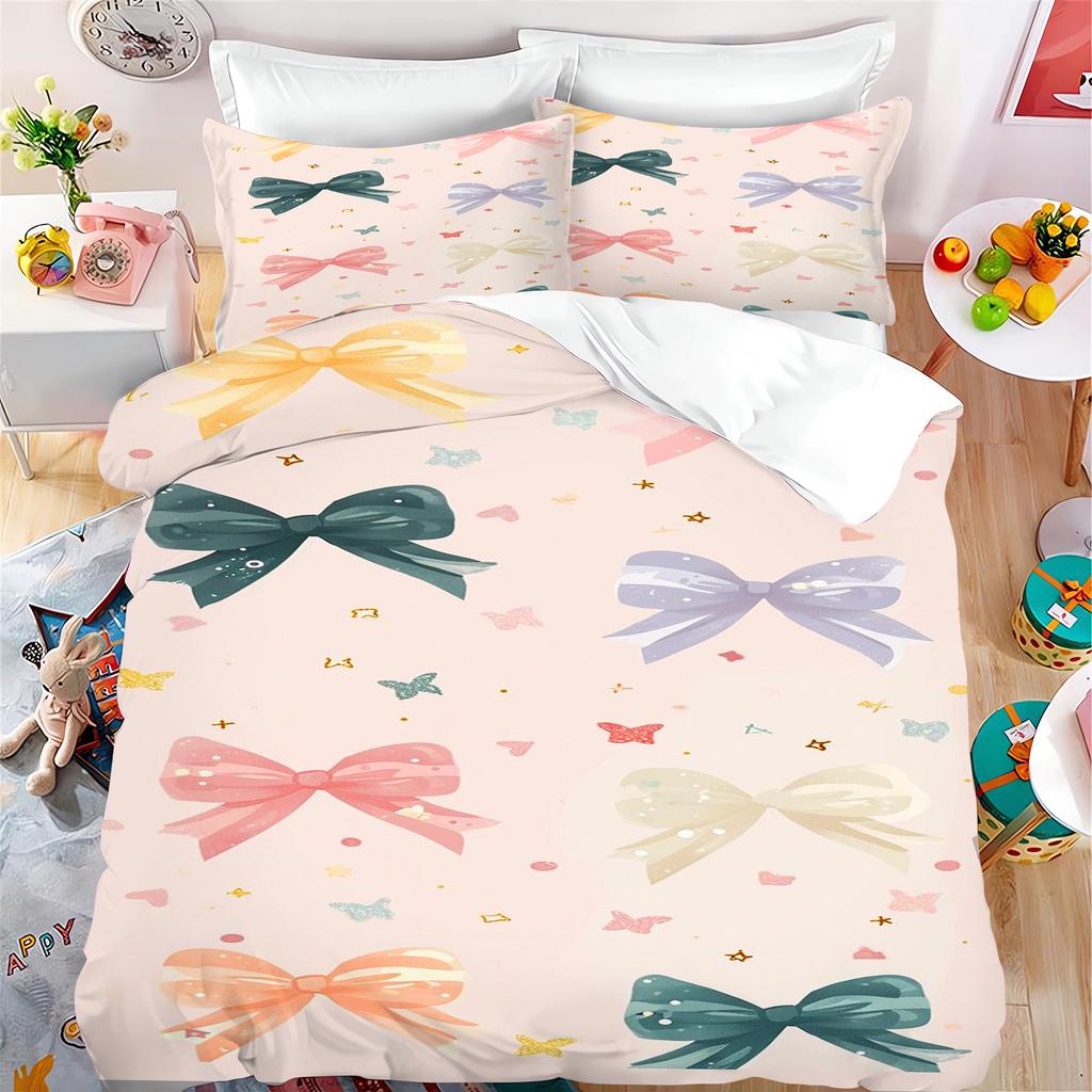 Lovely Bow Carton Anime Soft Duvet Cover Set Kawai Holiday Gifts Comfortable Quilt Covers Pilowcase Set Children Kids Beding Set Decor Quen King-Sized