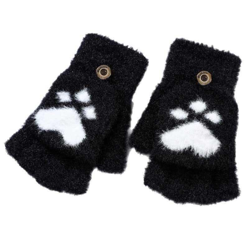 Korean Style Cat Paw Touchscreen Half-Finger Warm Gloves - Fleece-Lined Knitted Design for Students & Ladies