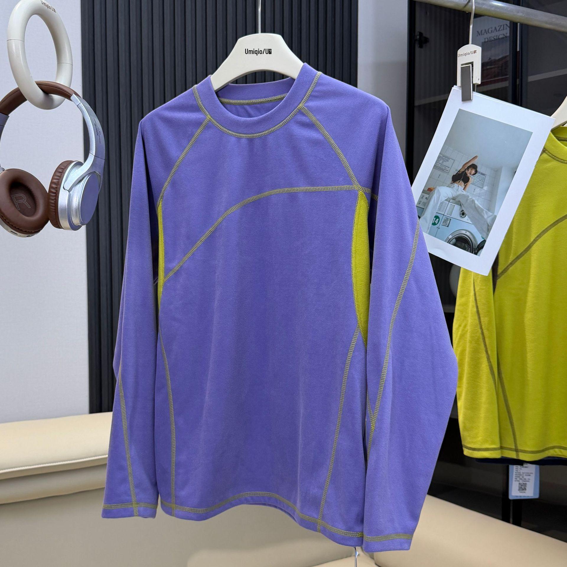 Contrast Seam Outdoor Mountain Double-Sided Fleece Long-Sleeve T-Shirt for Couples M