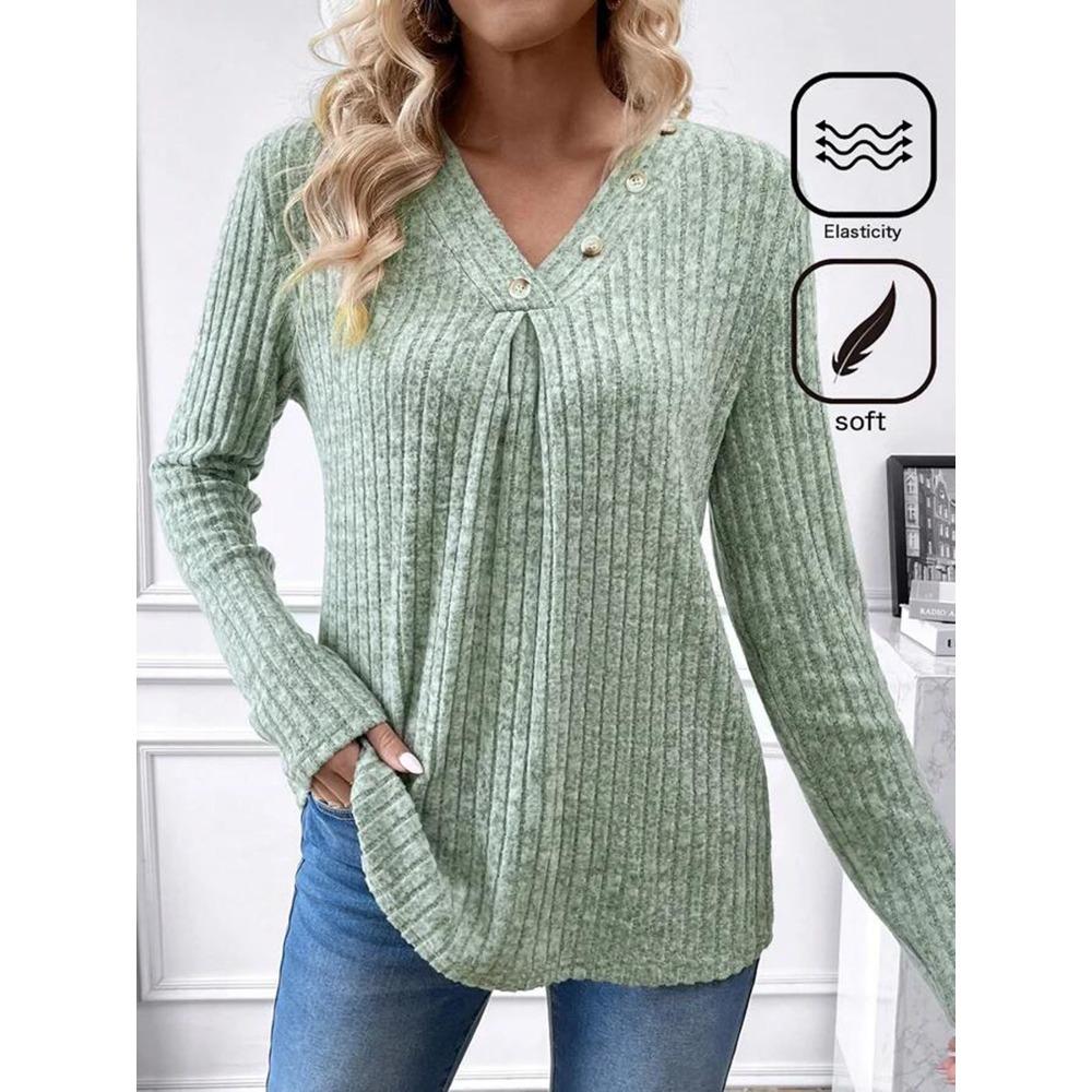 Women s Ribbed Knit V Neck Button Long Sleeve Tunic Top Casual Solid Color Sweater S