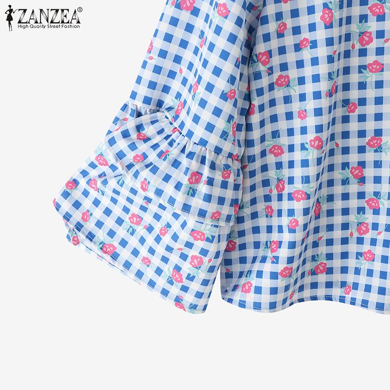 ZANZEA Women Floral Print Casual Round Neck 3/4 Sleeve Loose Plaid Blouse