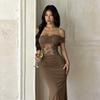 YL26257DGO European and American pure lace splicing one-word shoulder dress, slim-fitting hip-wrapped fishtail dress skirt
