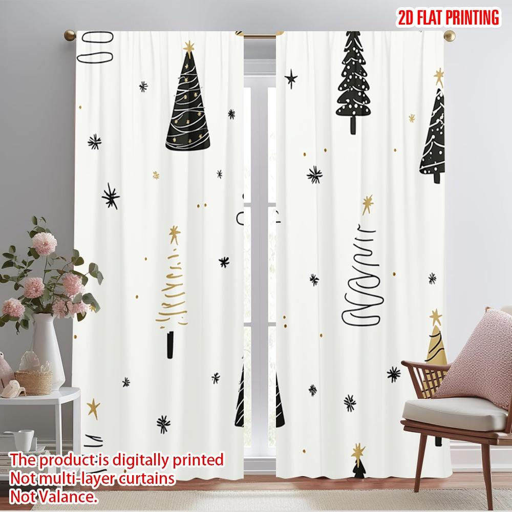 2pcs,2D plane printing Curtains Digital Printed Christmas Trees Golden Stars Polyester Easy Install (without rod) Decorations