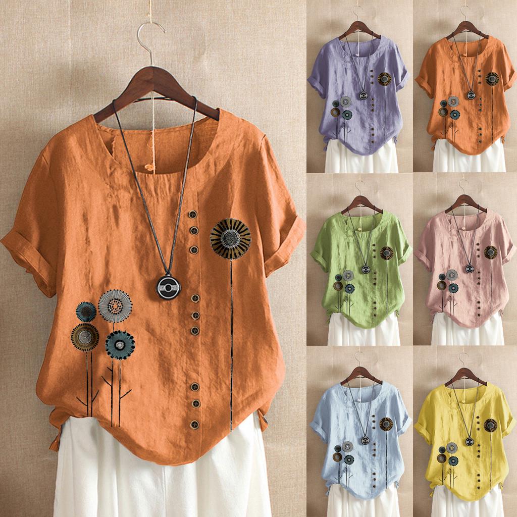 Women Buttons  Short Sleeve Floral Print Buttons Cotton Linen Vintage Top