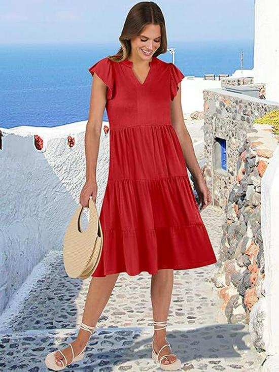 2025 Women's V-Neck Ruffle Sleeve Patchwork Midi Dress with Pockets