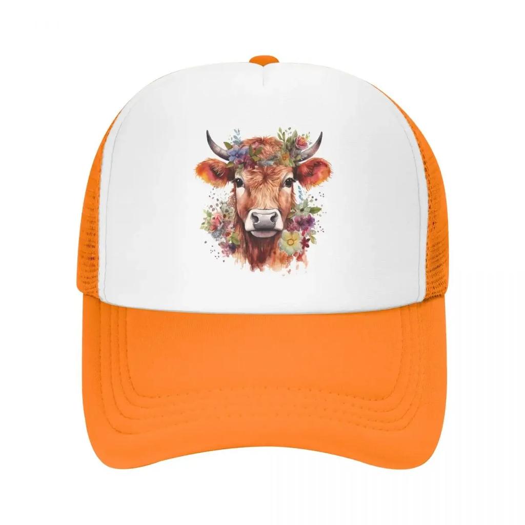 Custom Fashion Highland Cow And Flower Baseball Cap Women Unisex Breathable Trucker Hat PerforUnisexce Snapback Caps