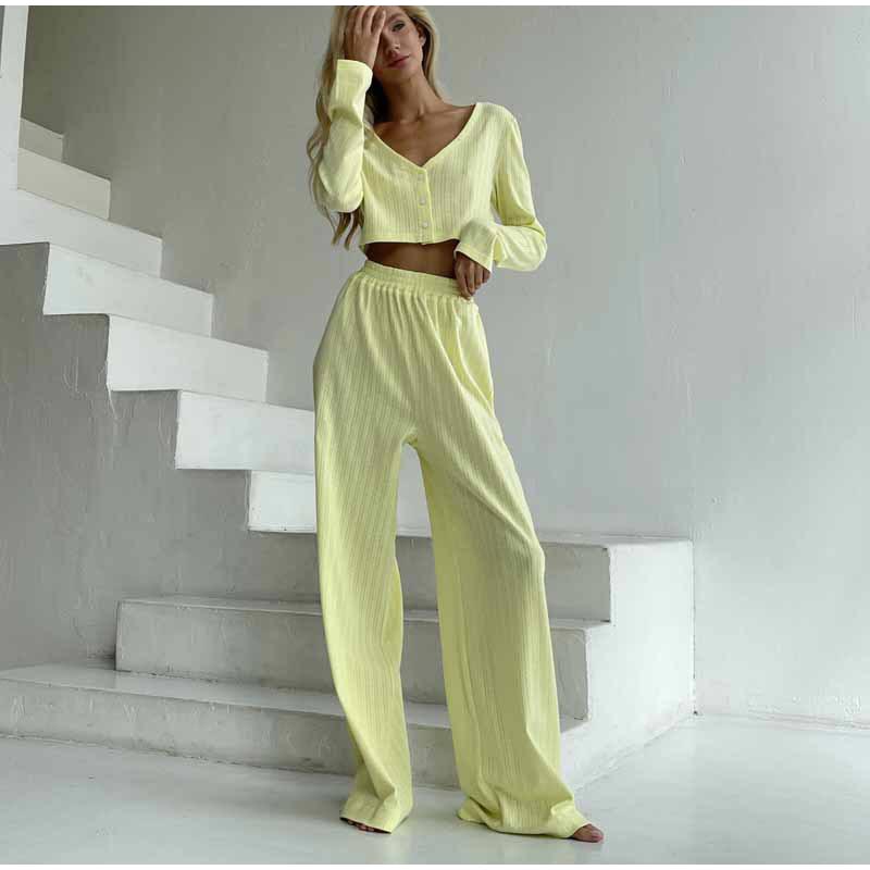 Casual Long Pants Set Woman Spring Summer V-neck Buttons Blouses Full Sleeve Elastic Waist Trousers Sets Female Solid Color Office Lady Suit