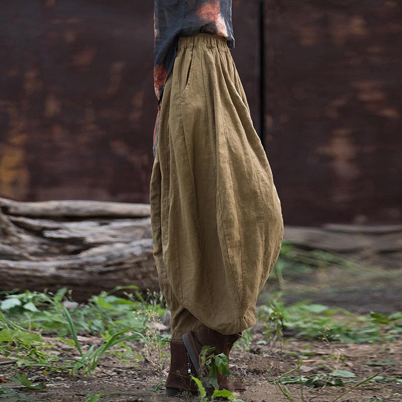 Ramie Cotton Distressed Patchwork Lantern Pants - Women's Spring/Summer Pumpkin Long Pants